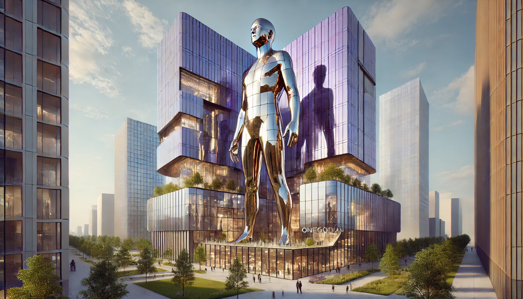 DALL·E 2024-09-28 09.21.36 - A hyper-realistic image of a futuristic building shaped like a human standing, known as The Onegodian Human Building, designed to look like a real bui