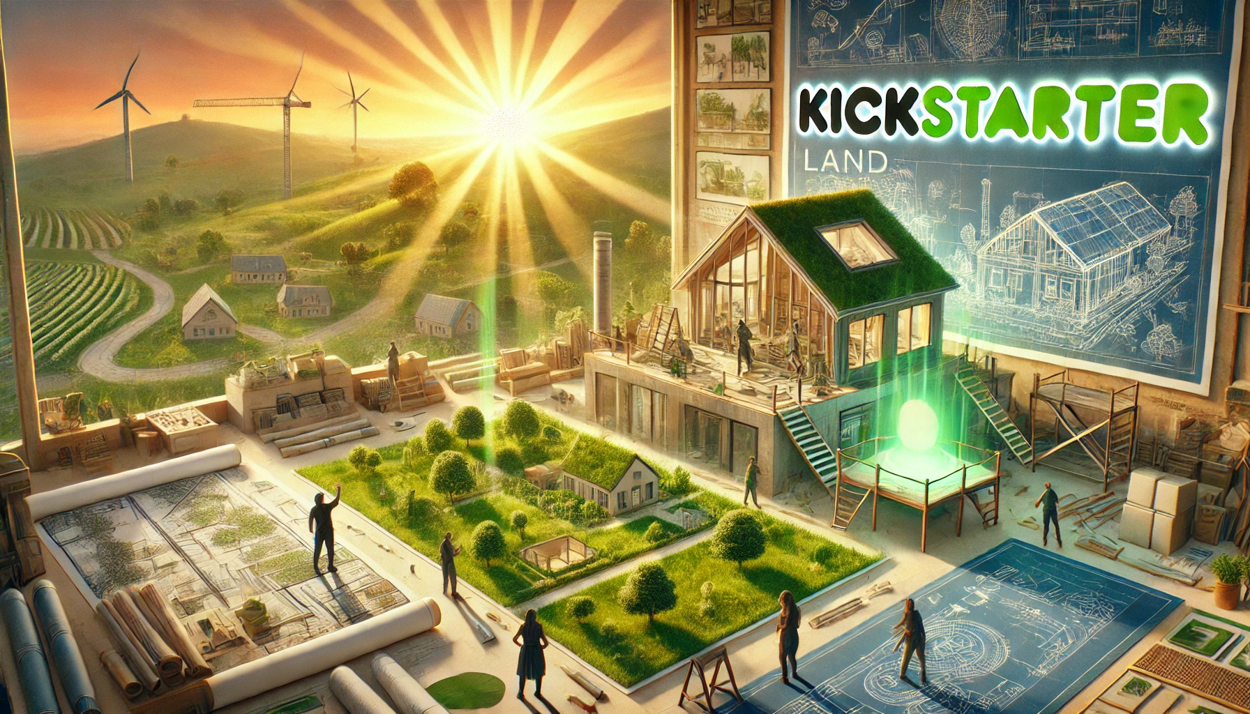 DALL·E 2024-10-16 06.44.35 - An engaging image for the 'Onegodian Land_ Kickstarter' campaign. The scene depicts the early stages of building an eco-friendly, sustainable communit