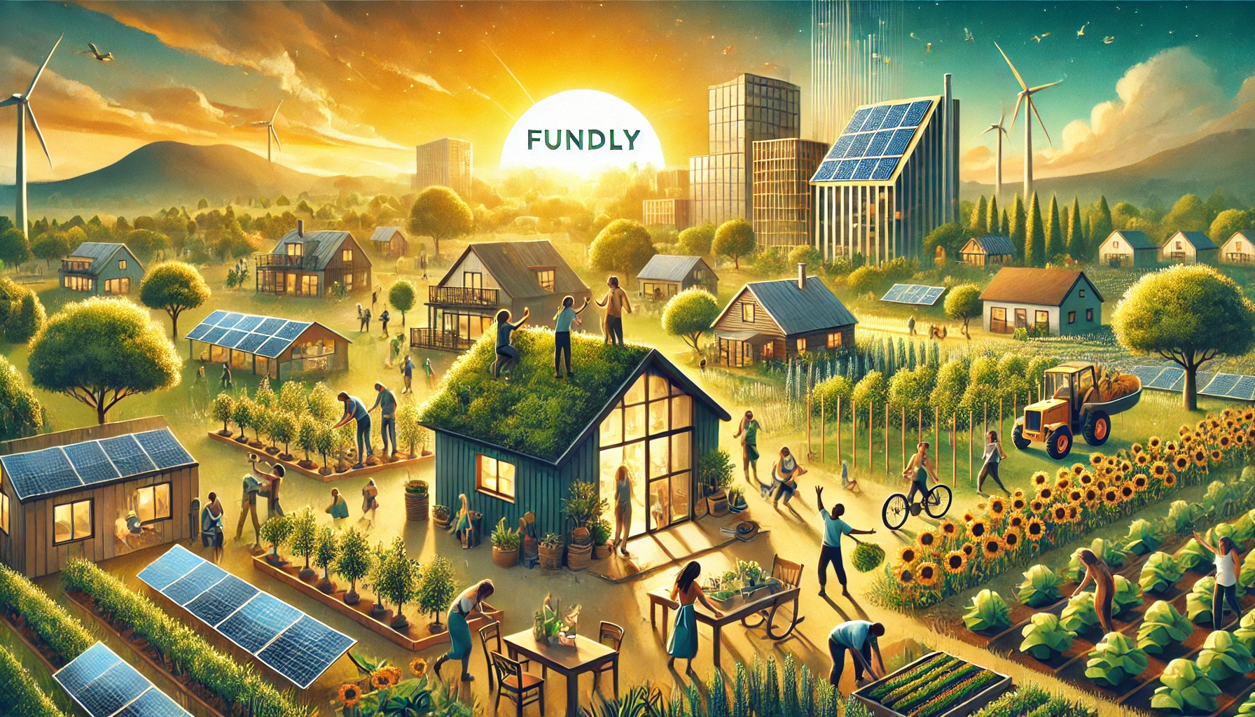 DALL·E 2024-10-16 07.16.46 - A hopeful and vibrant image for the 'Onegodian Land_ Fundly' campaign. The scene shows a flourishing eco-friendly community with modern, sustainable h