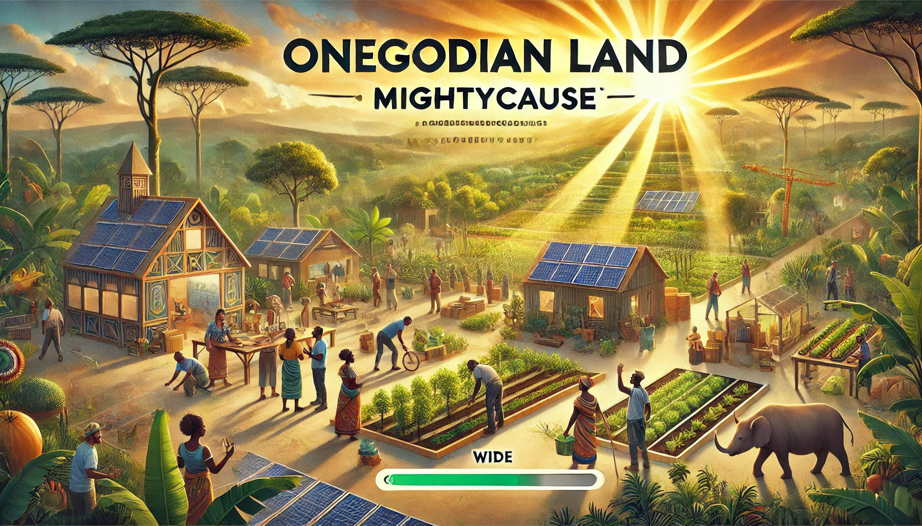 DALL·E 2024-10-16 07.16.50 - An uplifting, community-focused image for the 'Onegodian Land_ Mightycause' campaign. The scene depicts a vibrant, eco-friendly community under develo