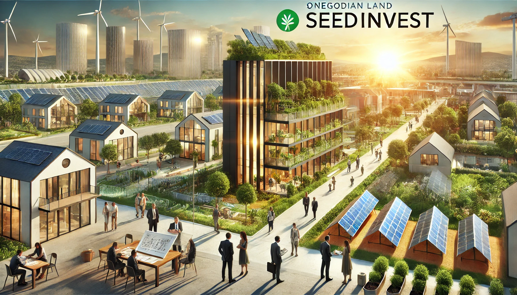 DALL·E 2024-10-16 07.17.01 - A professional, inspiring image for the 'Onegodian Land_ SeedInvest' campaign. The scene depicts a vibrant, modern community being developed with slee