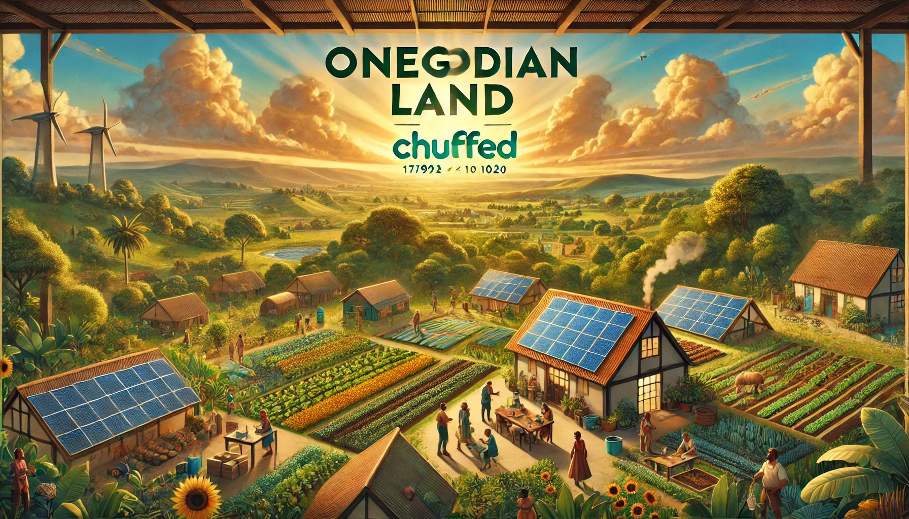 DALL·E 2024-10-16 07.28.50 - An inspiring and hopeful image for the 'Onegodian Land_ Chuffed' campaign. The scene features a flourishing eco-friendly community with solar-powered