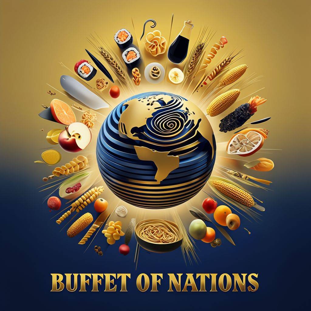 Surreal Digital Artwork Featuring Globe Surrounded By Food Items